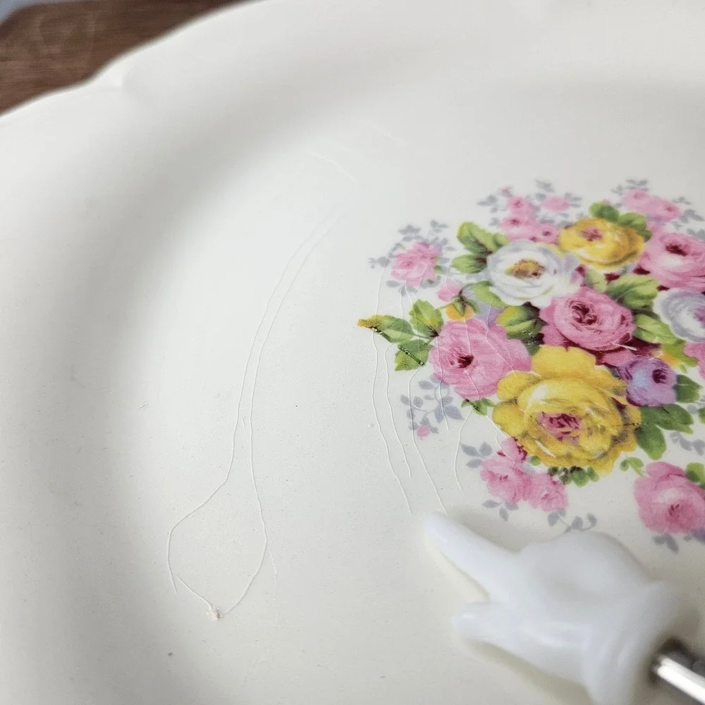 Edwin M Knowles China Floral Serving Platter Tab Handles Scalloped Gold Trim 12